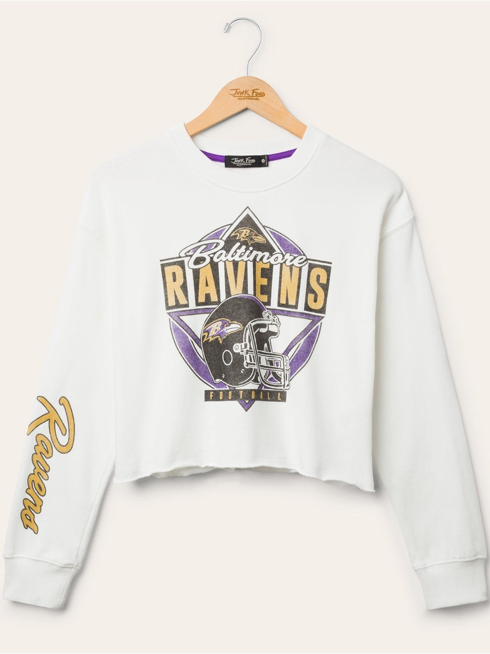 Junk Food Women’s Baltimore Ravens Helmet Crop Retro Fleece Vintage White LS tee - Picture 2 of 6
